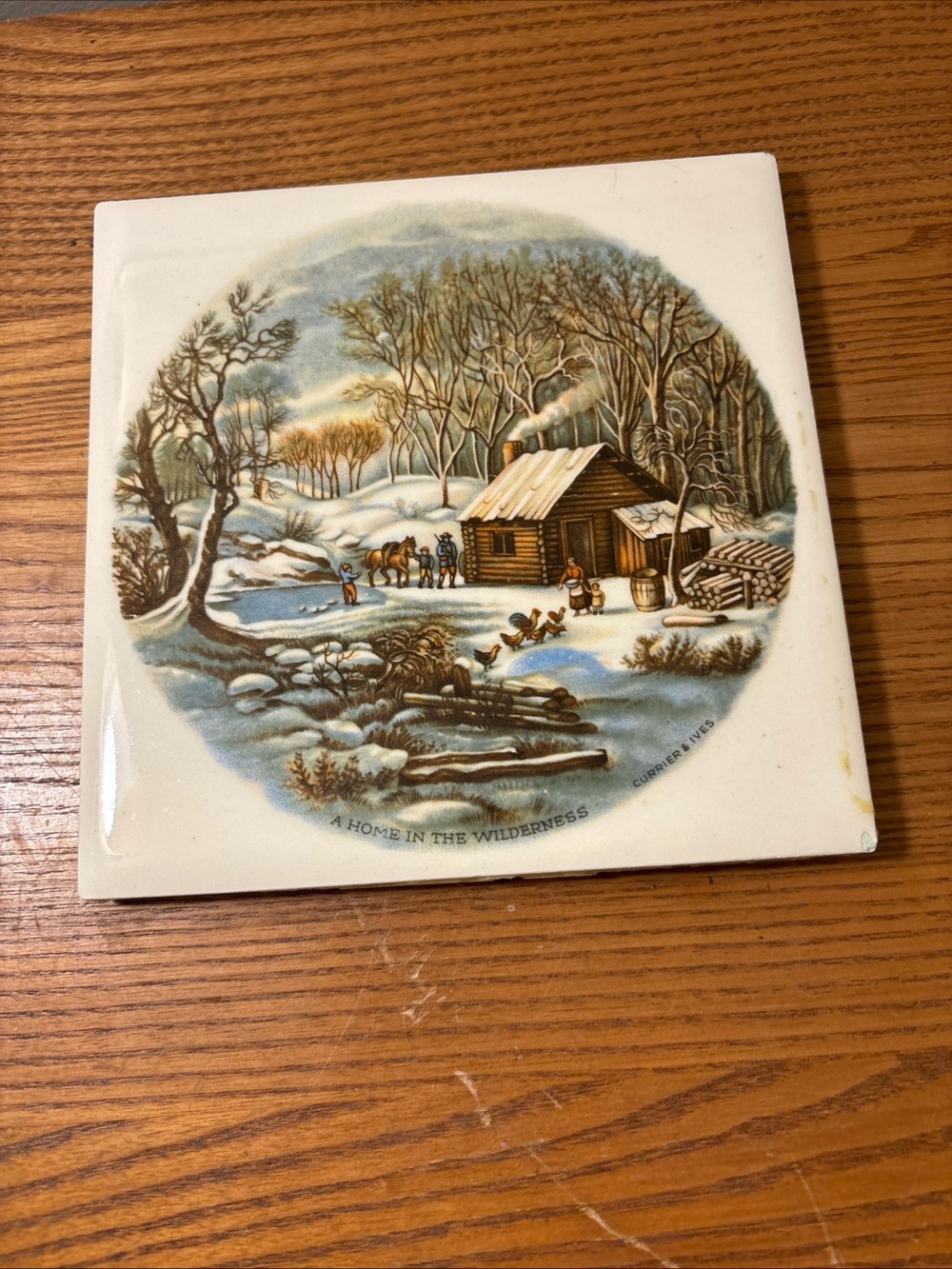 Ceramic Wall Tile Art - Brown & Blue Winter Cabin Scene